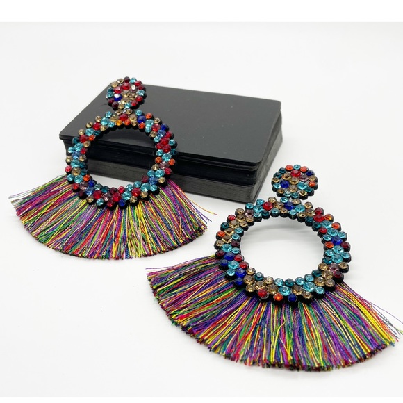 New Multicolored Round Fringe Dangle Stud Earrings - Picture 3 of 9